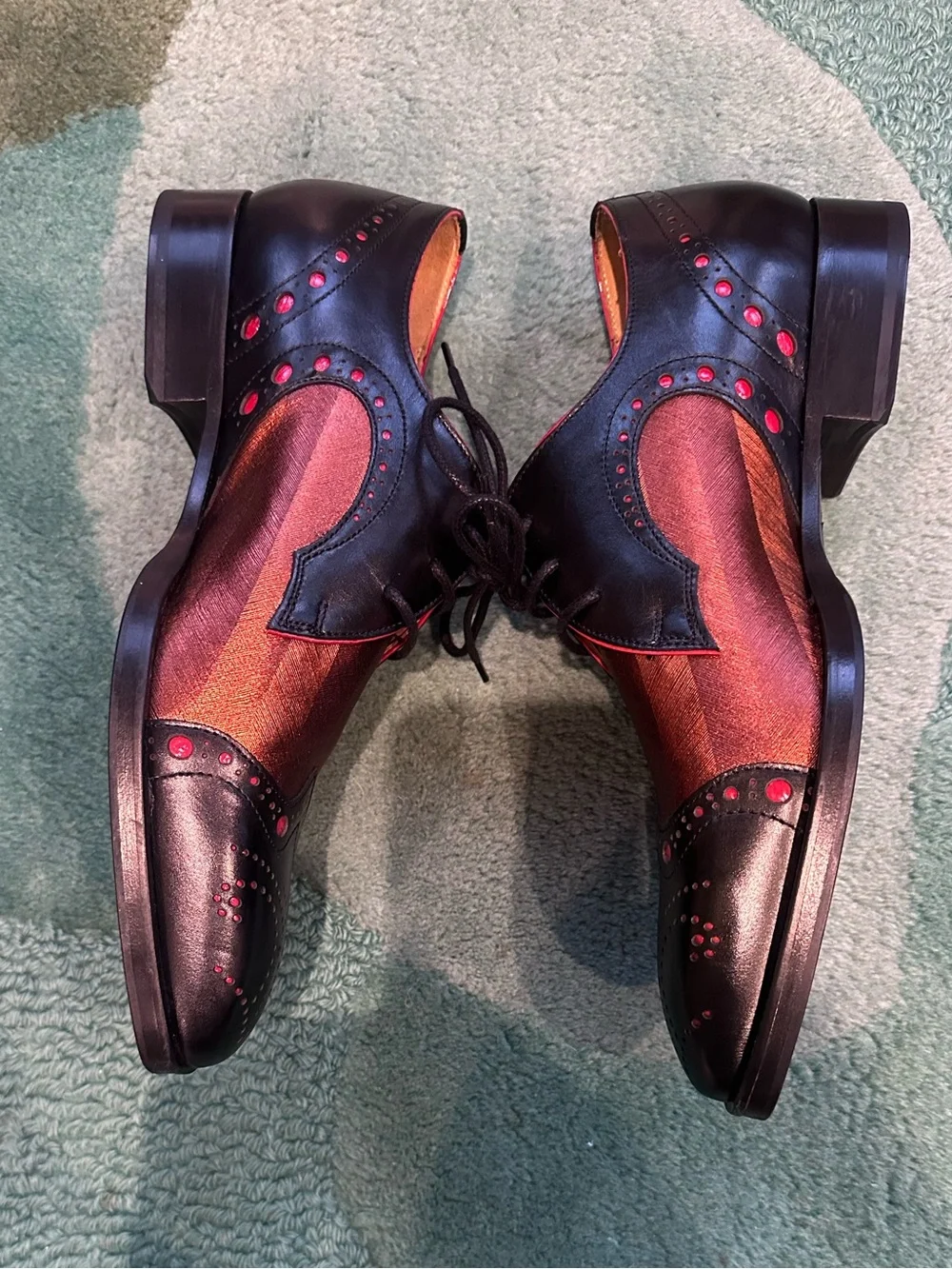 Fluevog NEW/BOX Rufus Magoo Duke black/copper brogue derby-M8/W10 (fits 7.5/9.5)